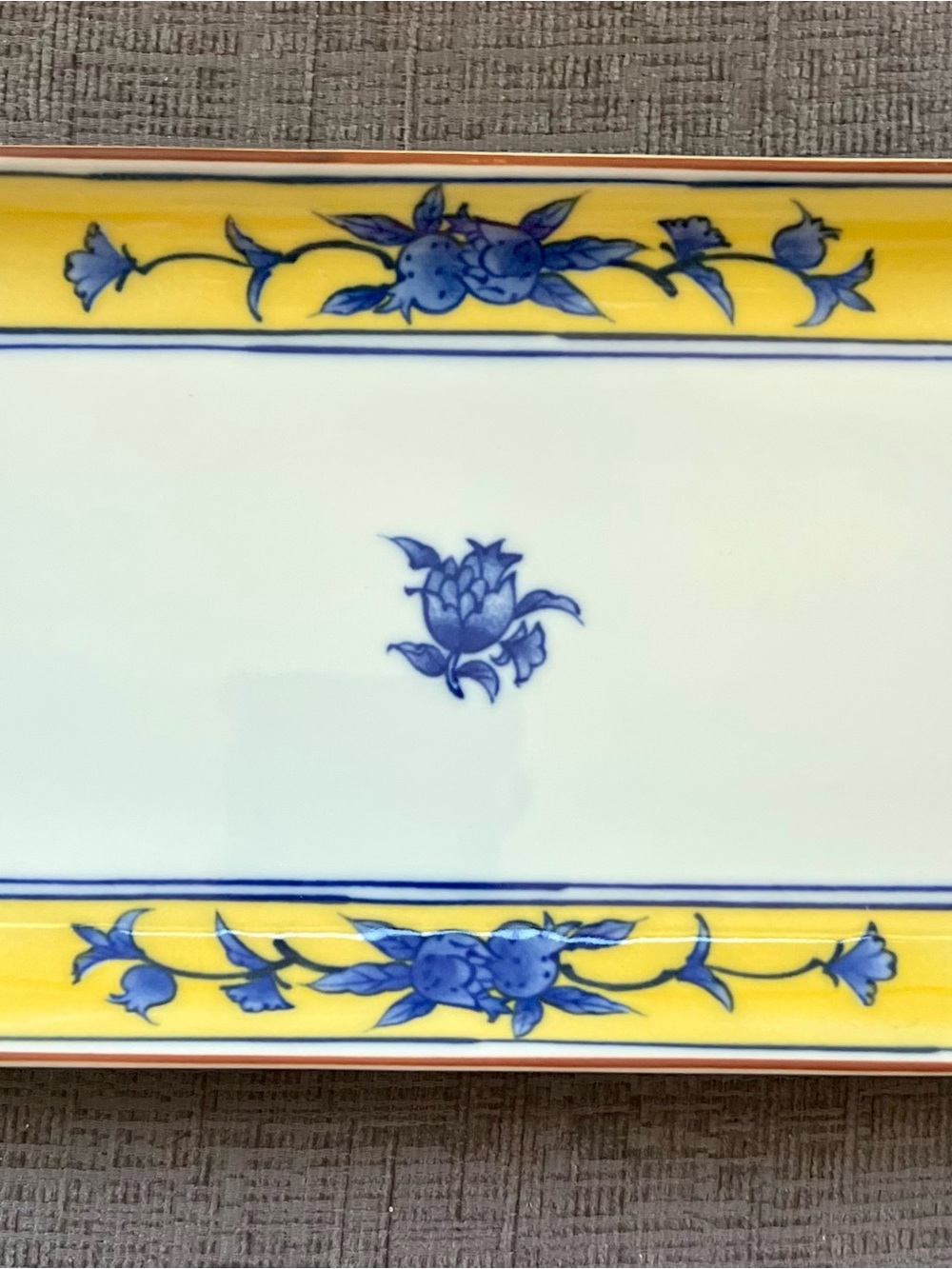 Blue Floral Motif Rectangular Serving Platter with Yellow Border
